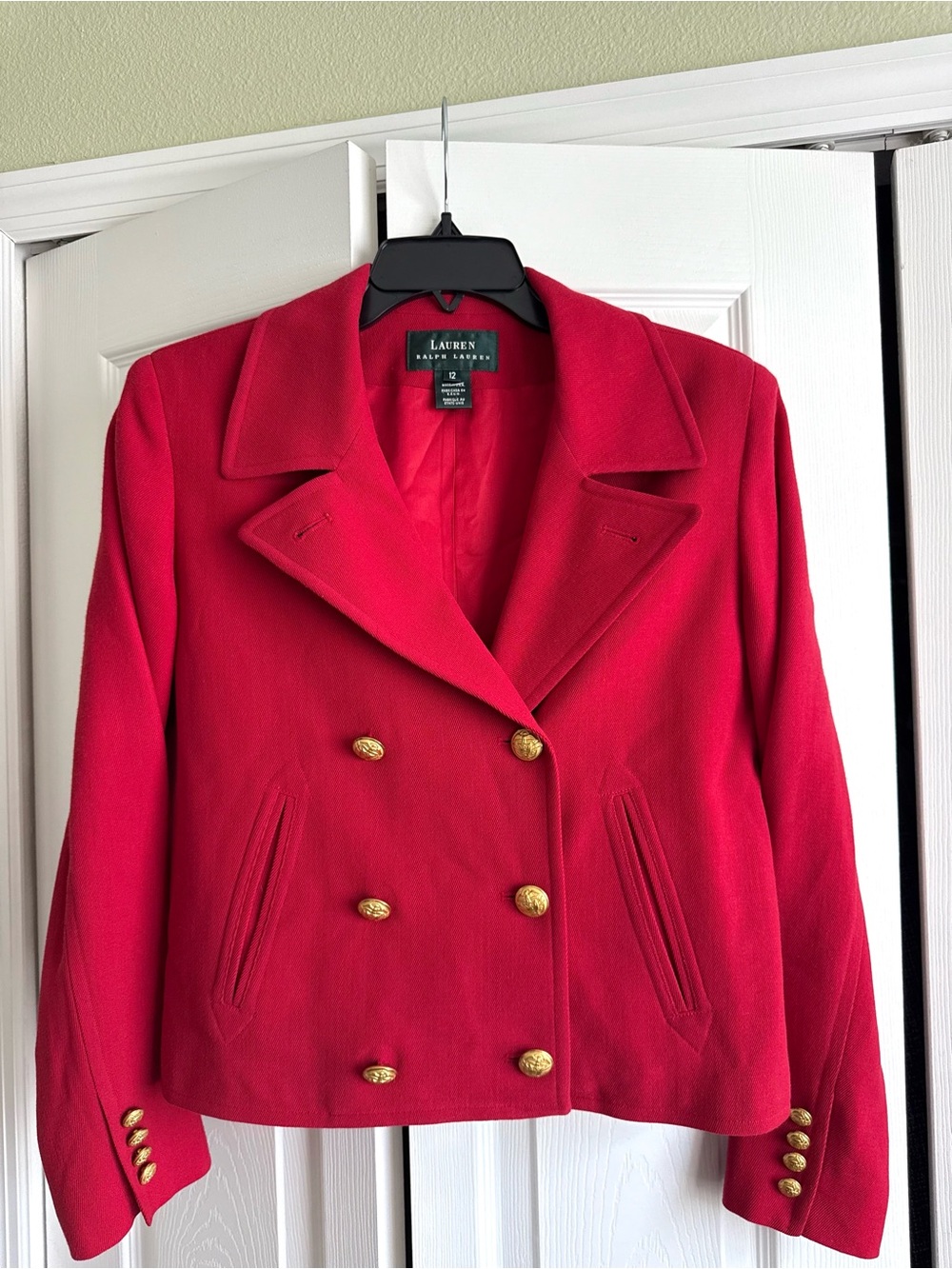 Lauren Ralph Lauren Red Double-Breasted Wool Jacket Blazer with Gold Buttons USA